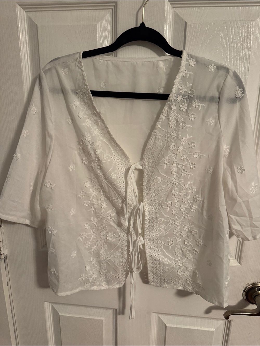 SHEIN White Embroidered Tie-Front Tunic Top